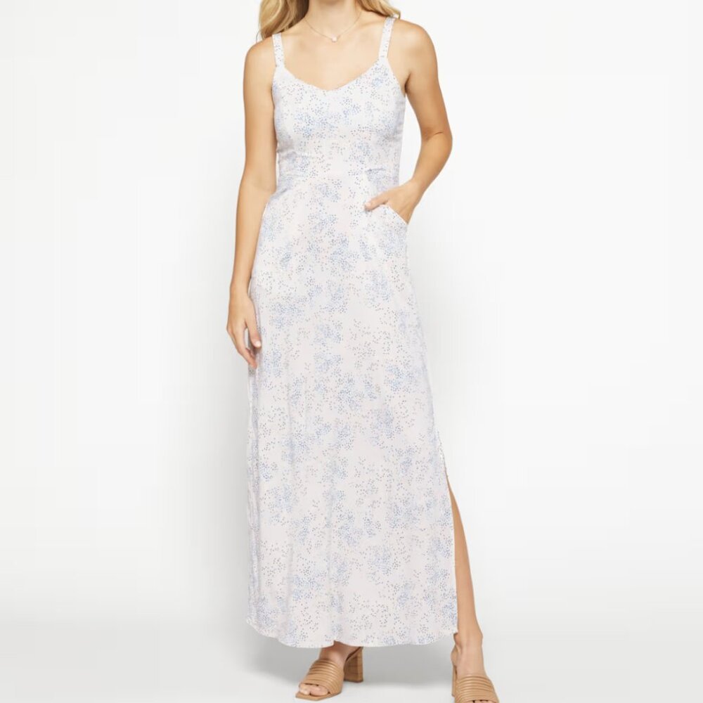 41 Hawthorn L Off-White & Blue Dotted Beatriz Maxi Dress with Slit